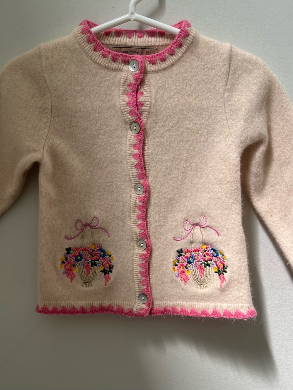 Girls Cream Knit Cardigan with Pink Trim and Floral Embroidery 100% Wool